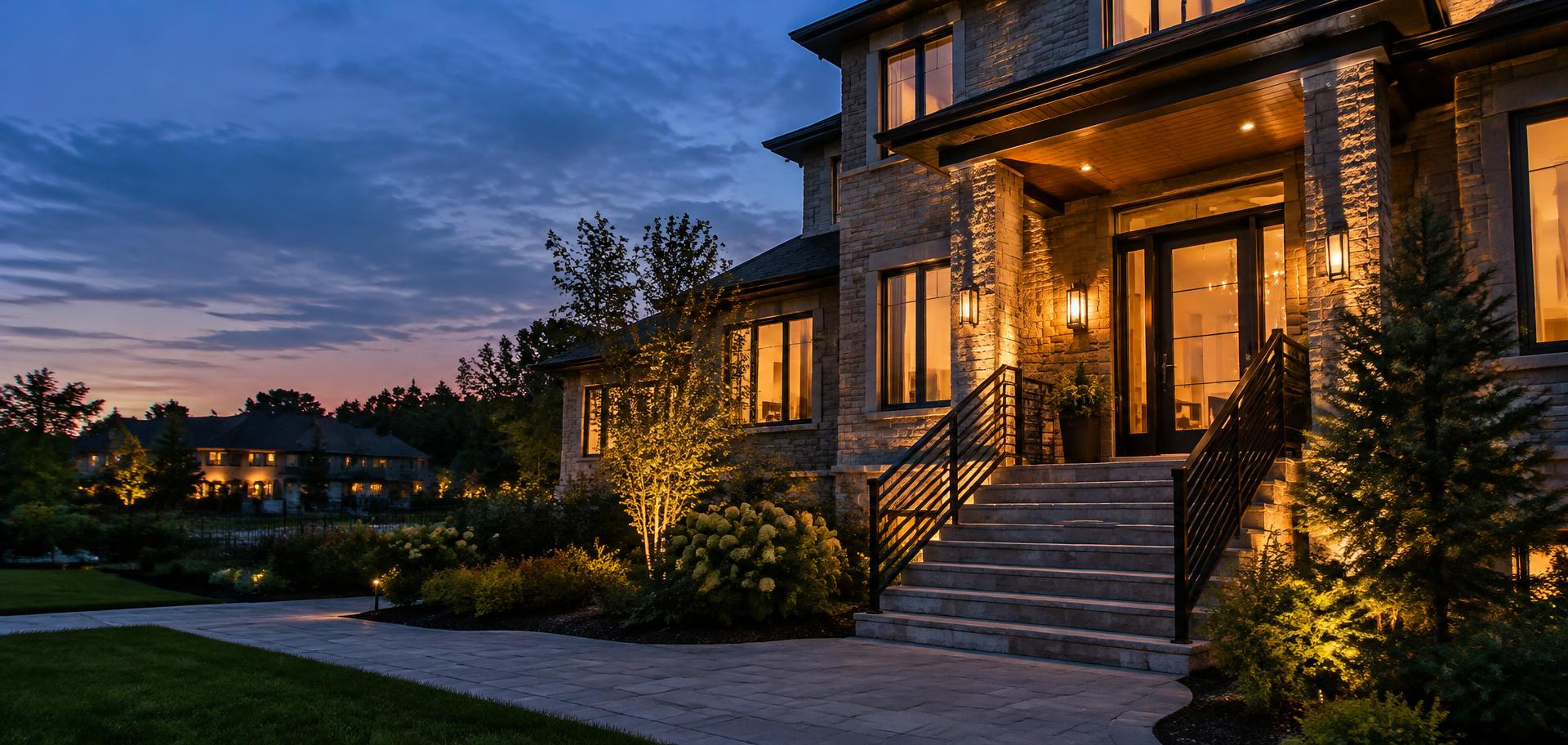 Modern home at dusk with black aluminum railings on stone front stairs
